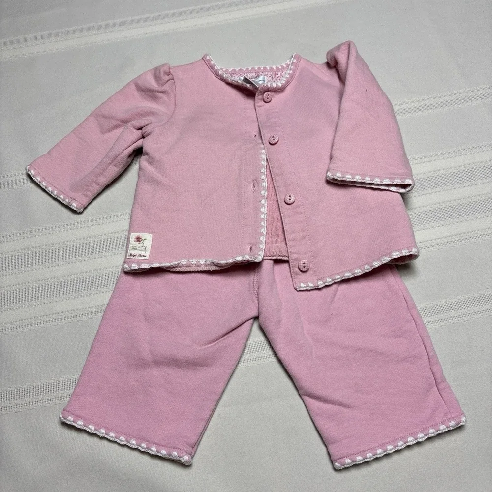 Ralph Lauren Girls Pink  2pc Long Sleeve Top/ Jacket And Pants Set 9M